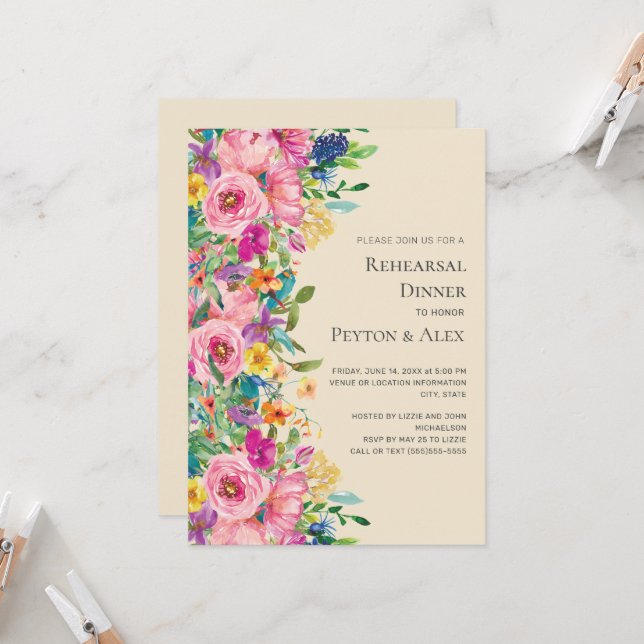 Invitación Dinner de ensayo de flores silvestres acuarelas co (Anverso/Reverso In Situ)