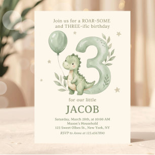 Invitación Dino acuarela verde salvia Cumpleaños 3