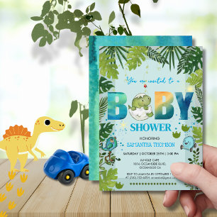 Invitación Dino acuarela y Baby Shower de hojas tropicales