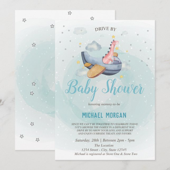 Invitación Dino Airplane Drive Por Baby Shower (Anverso / Reverso)