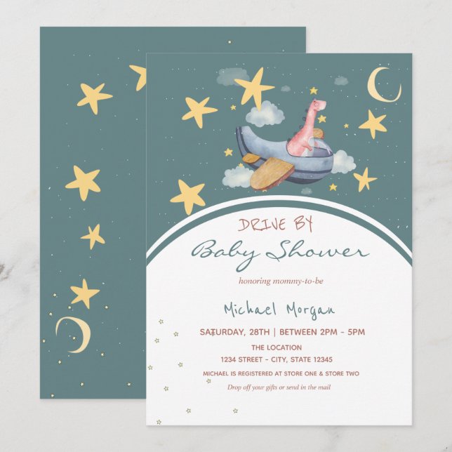 Invitación Dino Avión  Estrellas Espaciales Ducha de Bebé  (Anverso / Reverso)