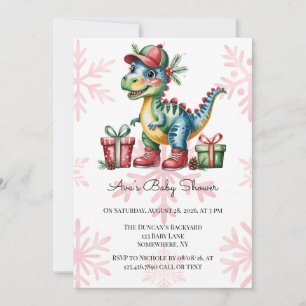 Invitación Dino Azul de Navidad y Niño con Regalos Shower de