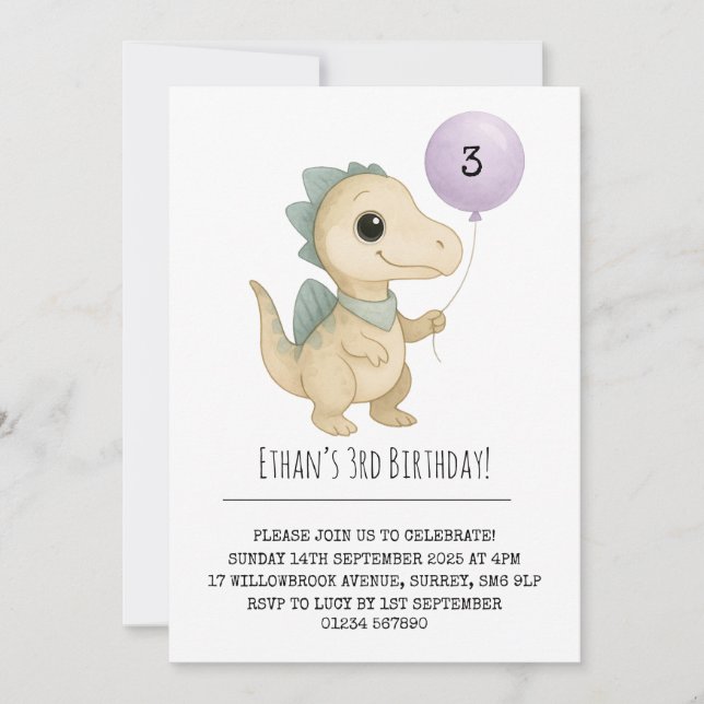 Invitación Dino beige con púas azules y cumpleaños con globo (Anverso)