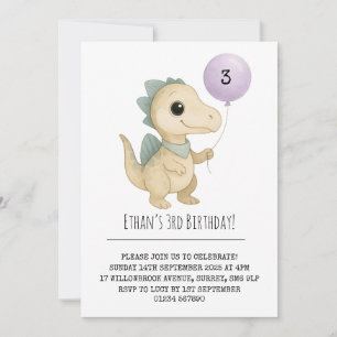 Invitación Dino beige con púas azules y cumpleaños con globo