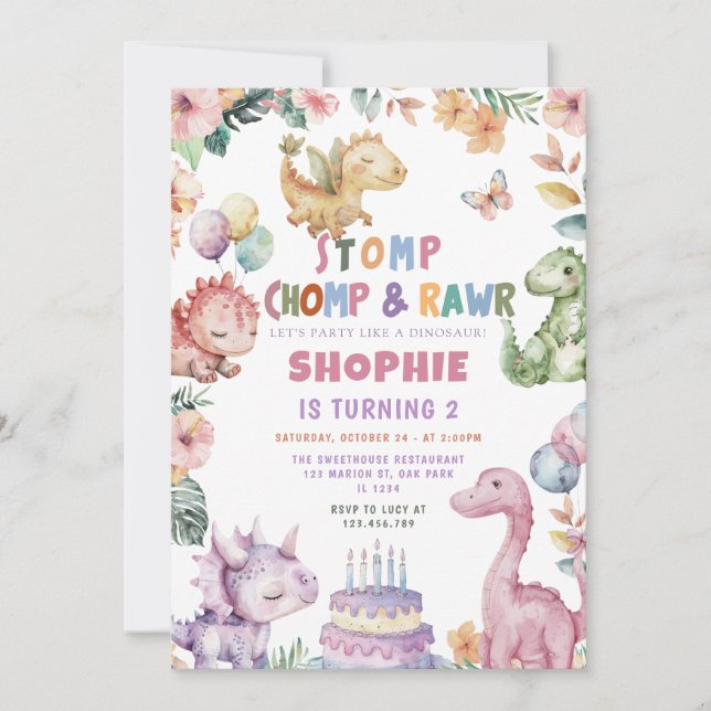 Invitación Dino Birthday Party, Chica de Dinosaurios (Anverso)