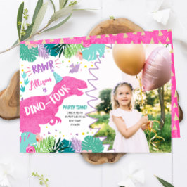 Invitación Dino, Chica de dinosaurios rosados T-Rex, cuatro c