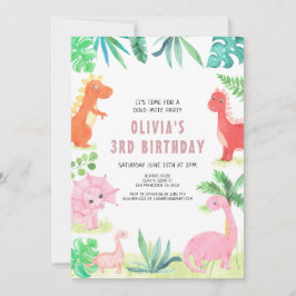 Invitación Dino Chica rosado de los niños de la fiesta de cum