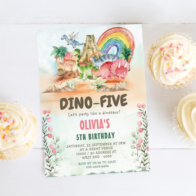 Invitación Dino-Cinco Chicas de dinosaurios Fiesta de cumplea (Subido por el creador)