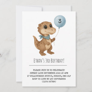 Invitación Dino Colorido con Bufanda Azul y Globo de Cumpleañ
