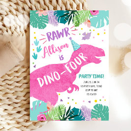 Invitación Dino-Cuatro Chicas de dinosaurios rosados cuarto c