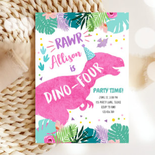 Invitación Dino-Cuatro Chicas de dinosaurios rosados cuarto c