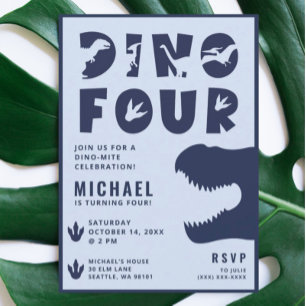 Invitación Dino Cuatro Dinosaurios Azules Cuarto Fiesta de Cu