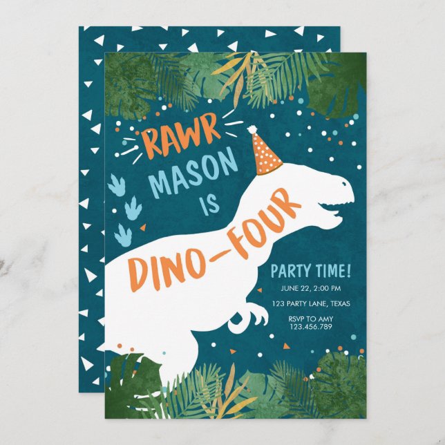 Invitación Dino-Cuatro Dinosaurios RAWR Cuarto Cumpleaños (Anverso / Reverso)