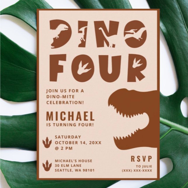Invitación Dino Cuatro Naranjas quemados Dinosaurio 4º Fiesta (Subido por el creador)