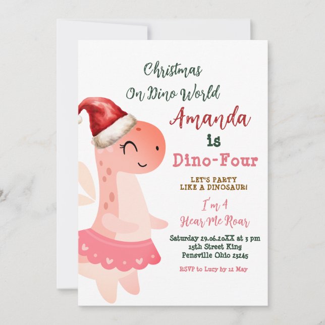 Invitación Dino-Cuatro Navidades en el cumpleaños del Chica m (Anverso)