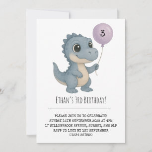 Invitación Dino de bebé azul con globo morado cumpleaños