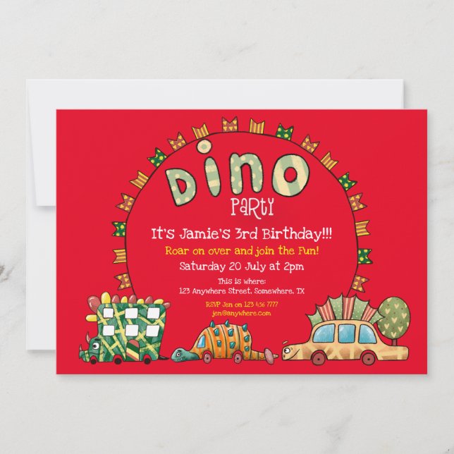 Invitación Dino divertido autos y banderas niños Fiesta de di (Anverso)