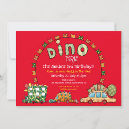 Invitación Dino divertido autos y banderas niños Fiesta de di