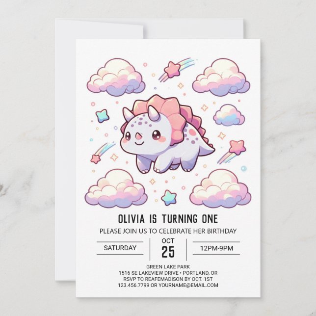 Invitación Dino Elegant Dinosaur 1er cumpleaños (Anverso)