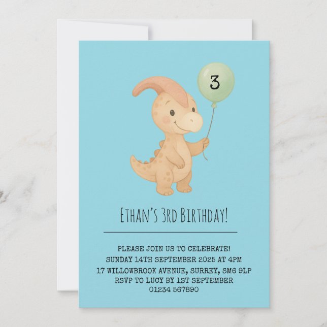 Invitación Dino Feliz con Cresta Curvada y Cumpleaños en Glob (Anverso)