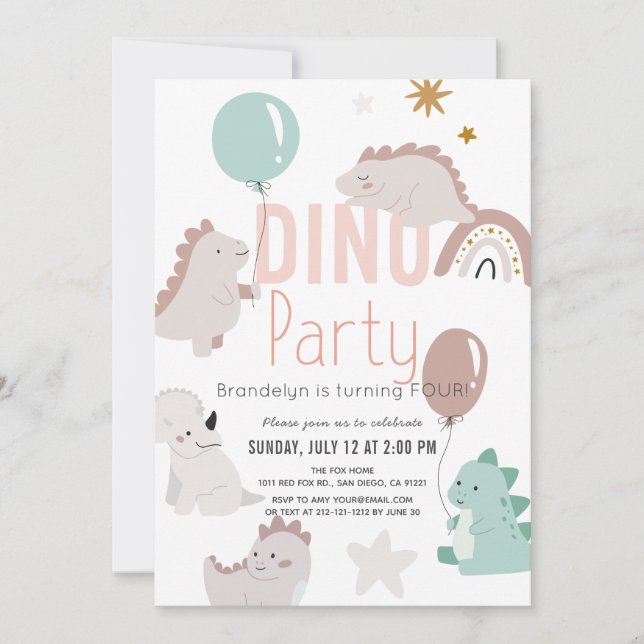 Invitación Dino Fiesta Chica de dinosaurios rosados Cumpleaño (Anverso)