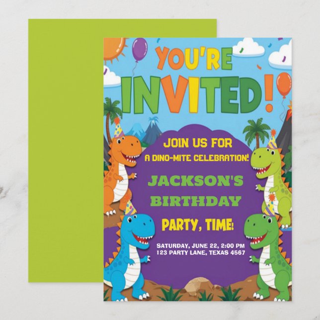 Invitación Dino Fiesta | Cumpleaños de los Dinosaurios Cutos (Anverso / Reverso)
