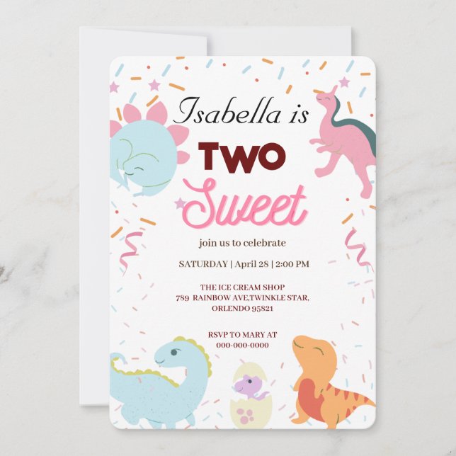Invitación Dino Fiesta Cute Dinosaurios Dos Dulces Chica de C (Anverso)