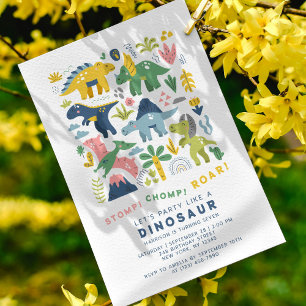 Invitación Dino Fiesta Cute Dinosaurios Modernos Séptimo Cump