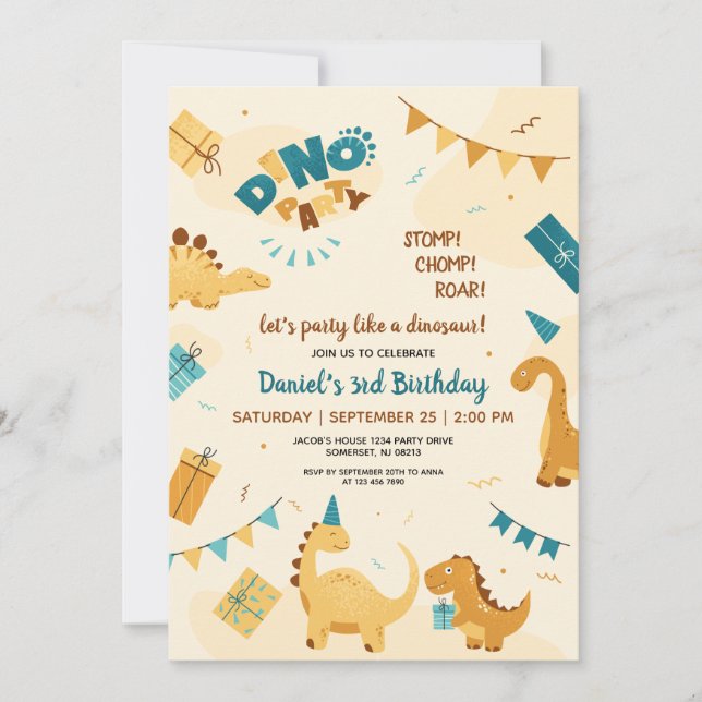 Invitación Dino Fiesta. Cute Dinosaurios Tercer Cumpleaños (Anverso)