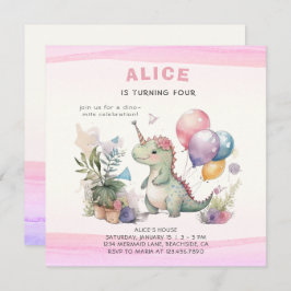 Invitación Dino Fiesta Cute Watercolor Chica Pink Birday