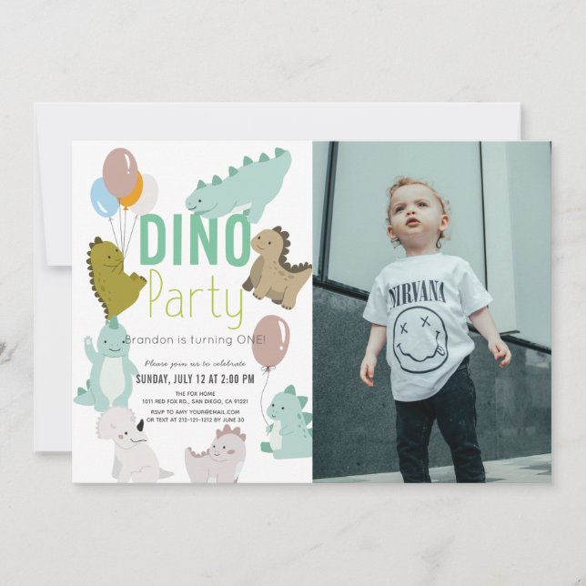 Invitación Dino Fiesta Dinosaur Boy Foto Cumpleaños (Anverso)