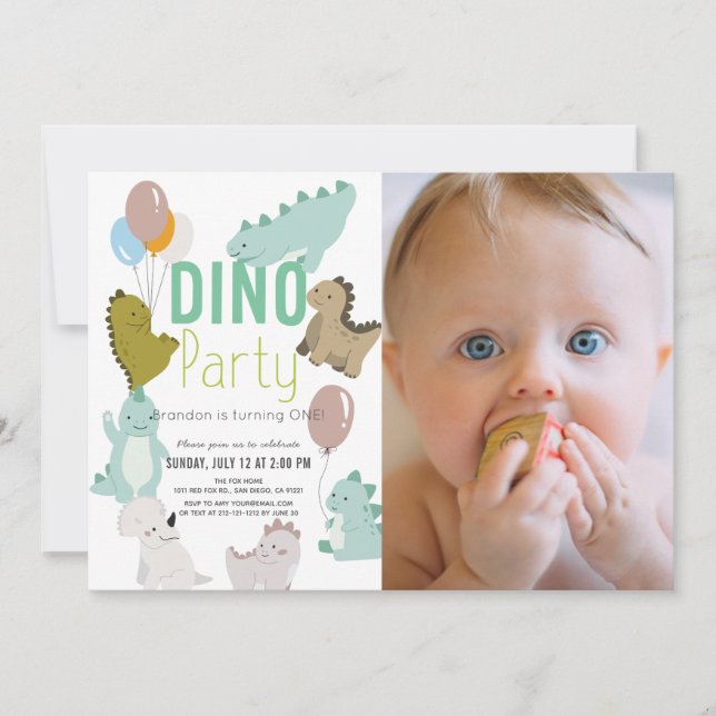Invitación Dino Fiesta Dinosaur Boy Foto Primer Cumpleaños (Anverso)
