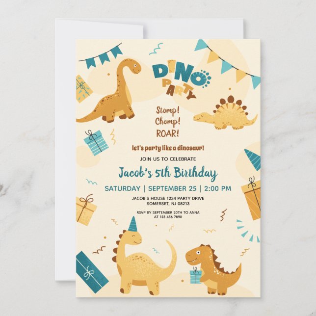 Invitación Dino Fiesta. Dinosaurios Cute 5 cumpleaños (Anverso)