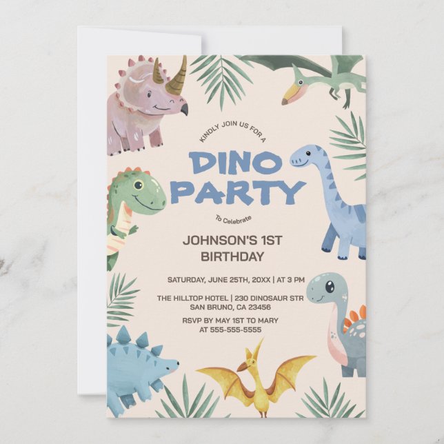 Invitación Dino Fiesta | Dinosaurios Cutos Primer Invitat de  (Anverso)