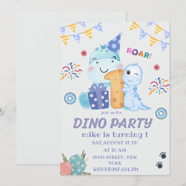 Invitación Dino Fiesta primer cumpleaños lindos dinosaurios (Anverso / Reverso)
