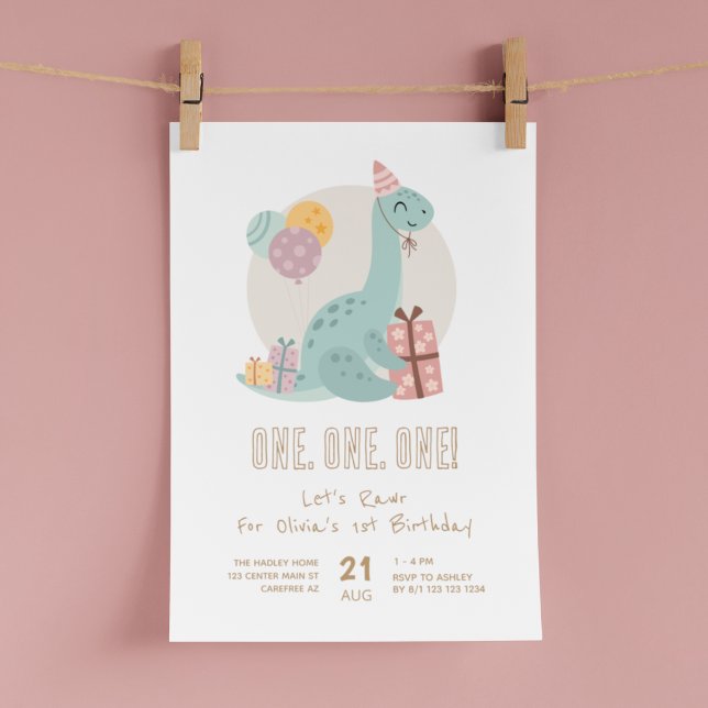 Invitación Dino Fiesta Rawr Cute Primer Cumpleaños (Subido por el creador)