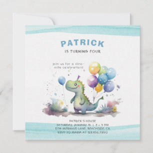 Invitación Dino Fiesta Watercolor Boy Nacimiento Azul