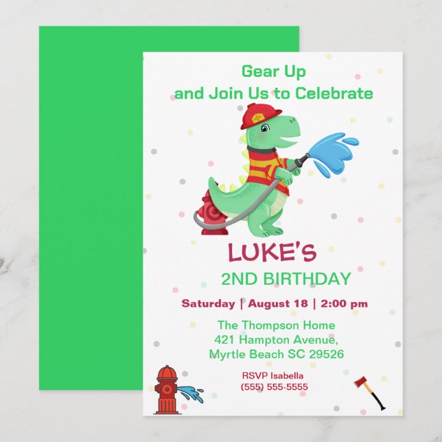 Invitación Dino Fireman Kids Segundo Fiesta de Cumpleaños (Anverso / Reverso)