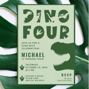 Invitación Dino Four Green Dinosaur 4º Fiesta de cumpleaños
