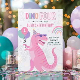 Invitación Dino Four Pink T-Rex Dinosaur 4º Fiesta de cumplea