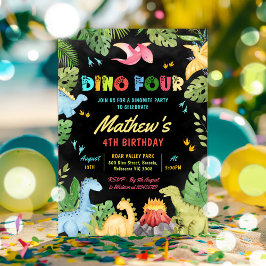Invitación Dino Four T-Rex Dinosaur 4º Fiesta de cumpleaños