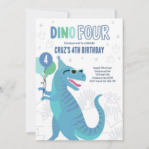 Invitación Dino Four T-Rex Dinosaur 4º Fiesta de cumpleaños