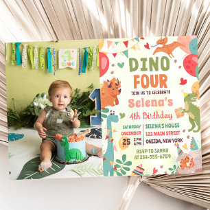 Invitación Dino FOUR T-Rex Dinosaurio 4to cumpleaños Fiesta f