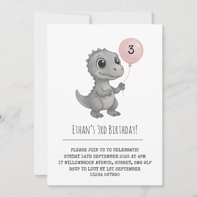 Invitación Dino gris con Ilustracion de globo rosa Cumpleaños (Anverso)
