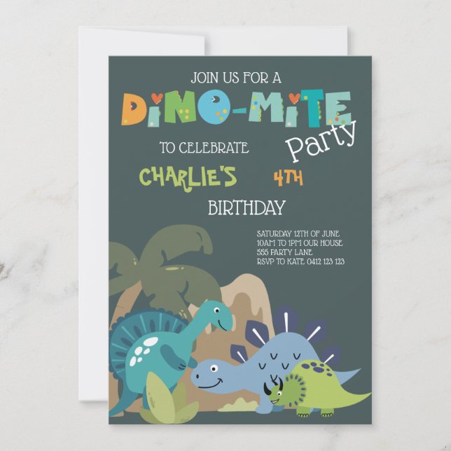 Invitación Dino-Mite de Dinosaurio Cute (Anverso)