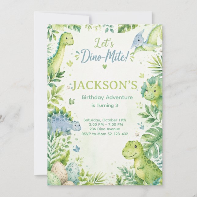 Invitación Dino Mite Watercolor Dinosaur Birthday Party Paste (Anverso)