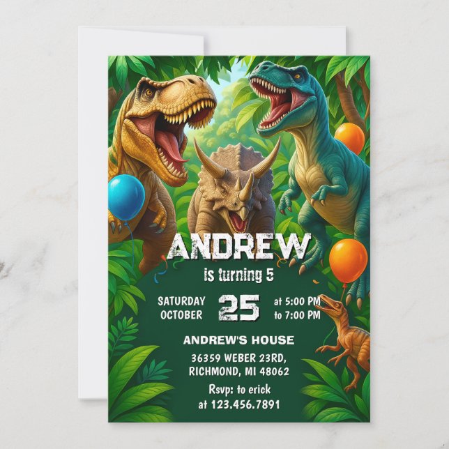 Invitación Dino Niño de fiesta de cumpleaños de dinosaurio pe (Anverso)