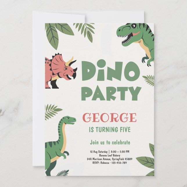 Invitación Dino Party Cute Dinosaur 5th Birthday Party (Anverso)