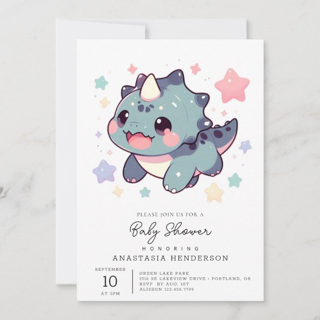 Invitación Dino Pastel Dinosaur Baby Shower (Anverso)