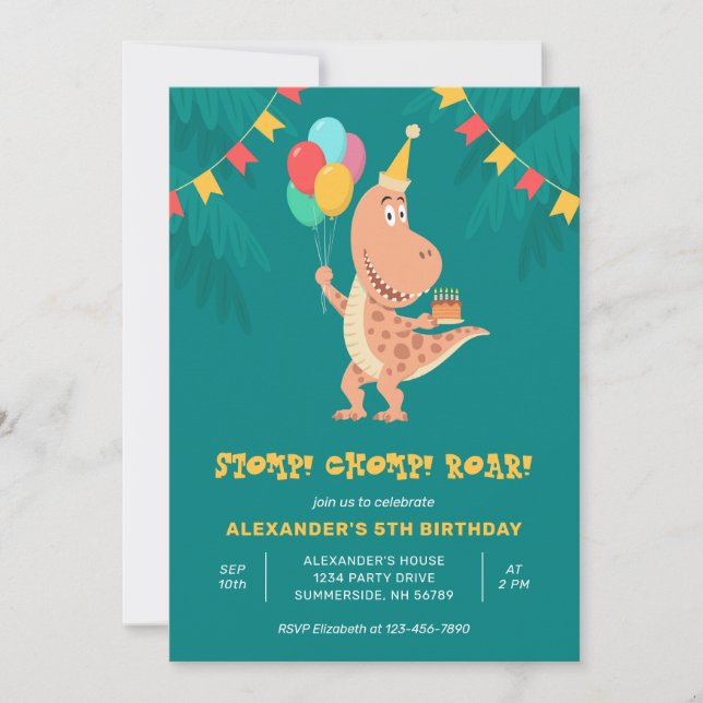 Invitación Dino Rex Dinosaur Cake Balón 5ª fiesta de cumpleañ (Anverso)